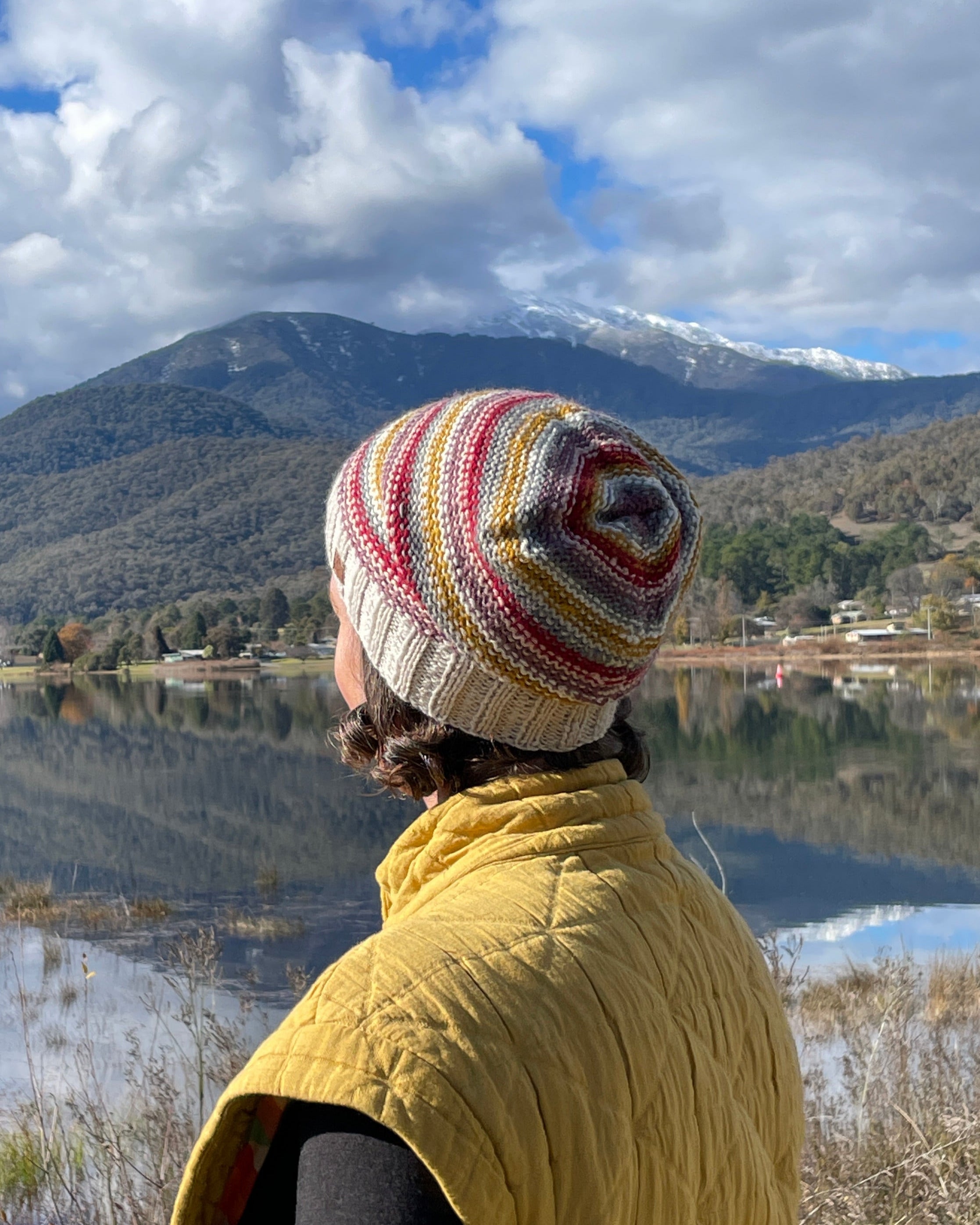Woman wears slouch merino wool beanie