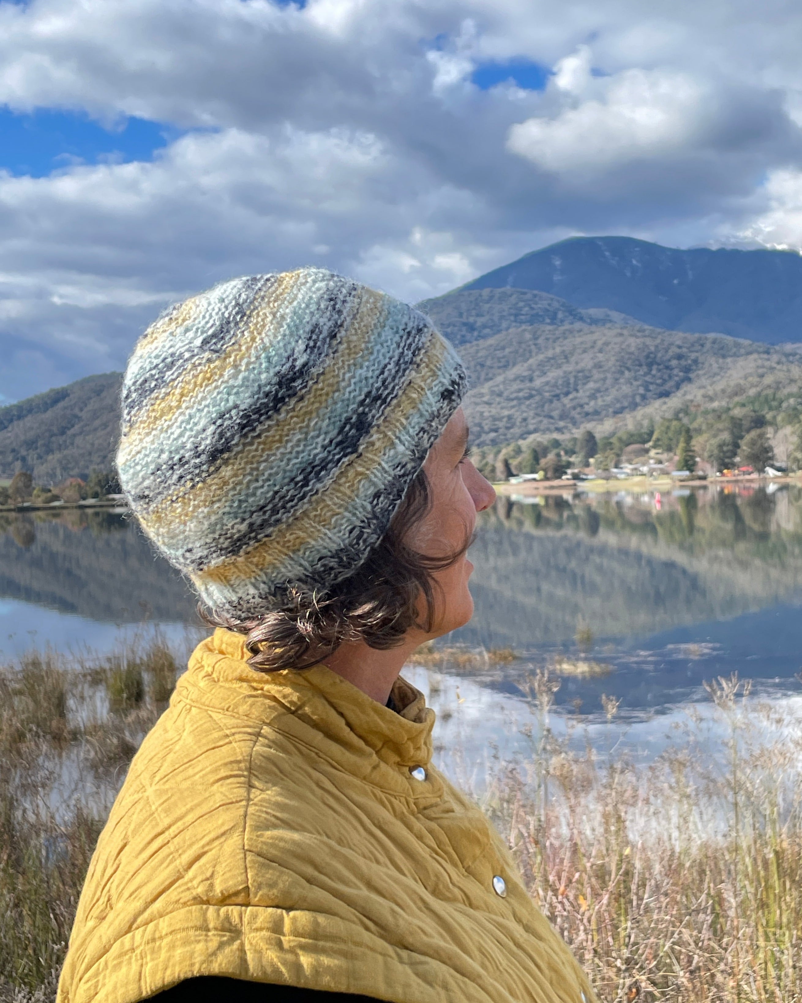 Person Wearing Striped Mohair Fleece Lined Beanie