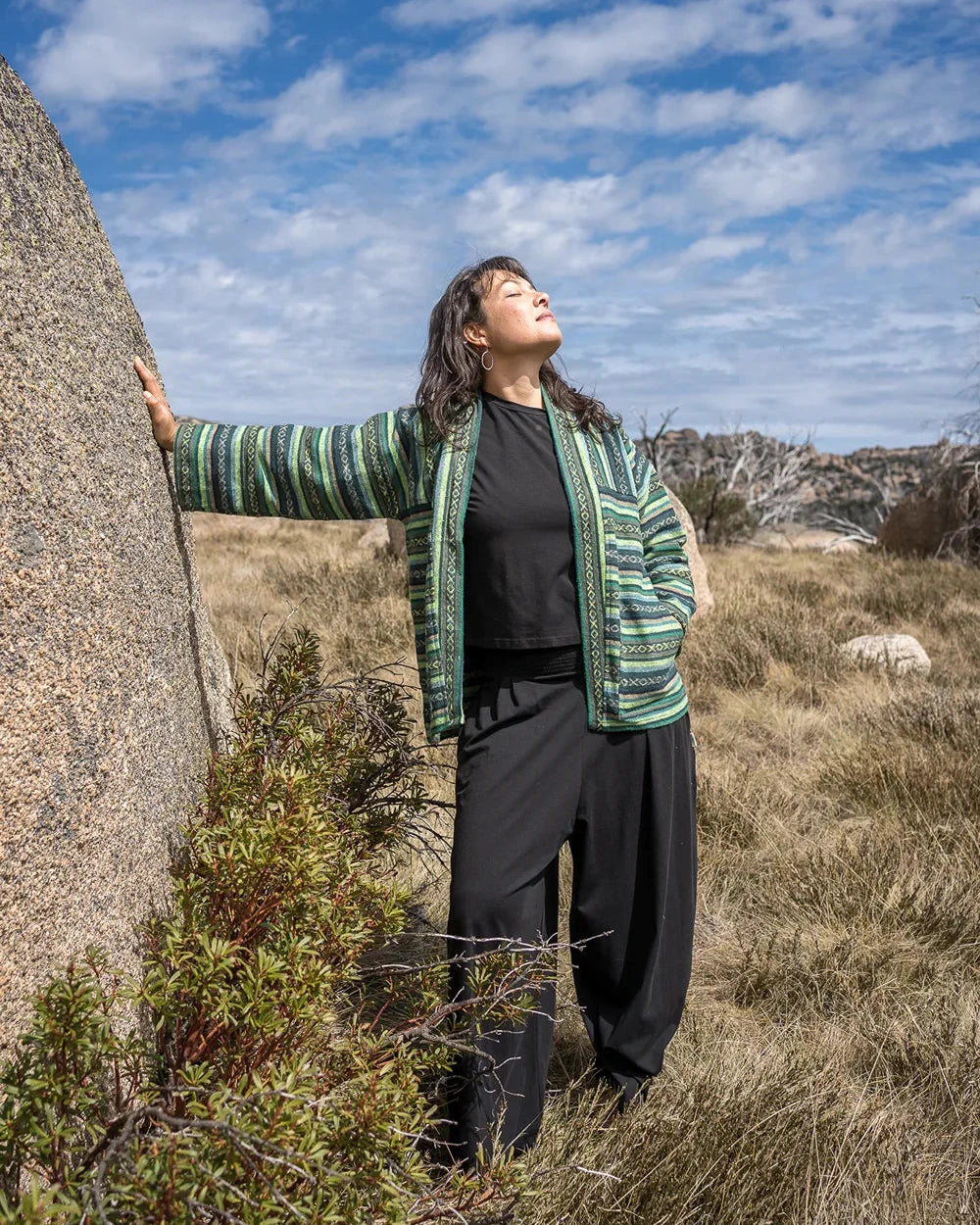 Person standing in a natural landscape with a blue sky and clouds
