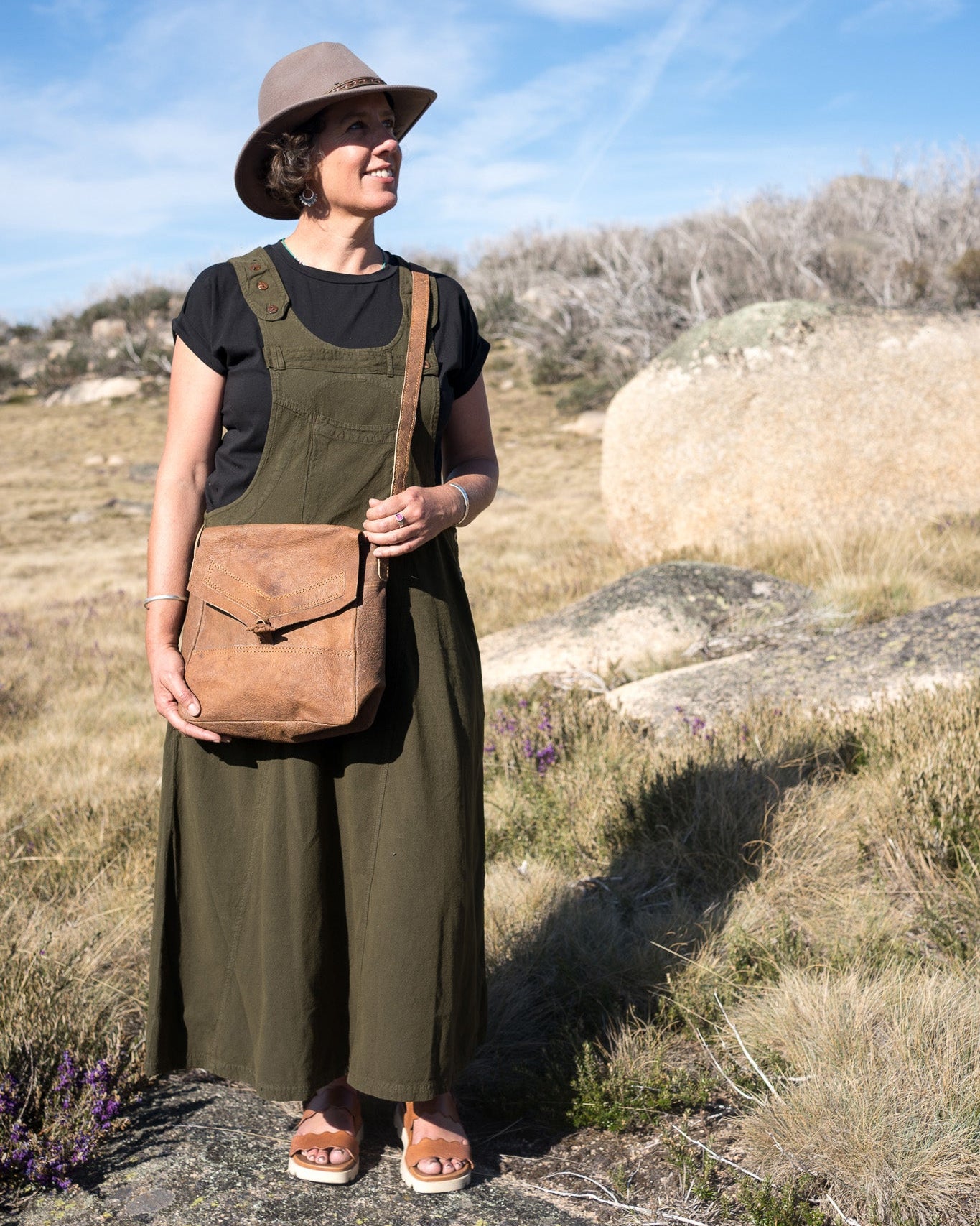 Chevron Leather bag held by woman outdoors