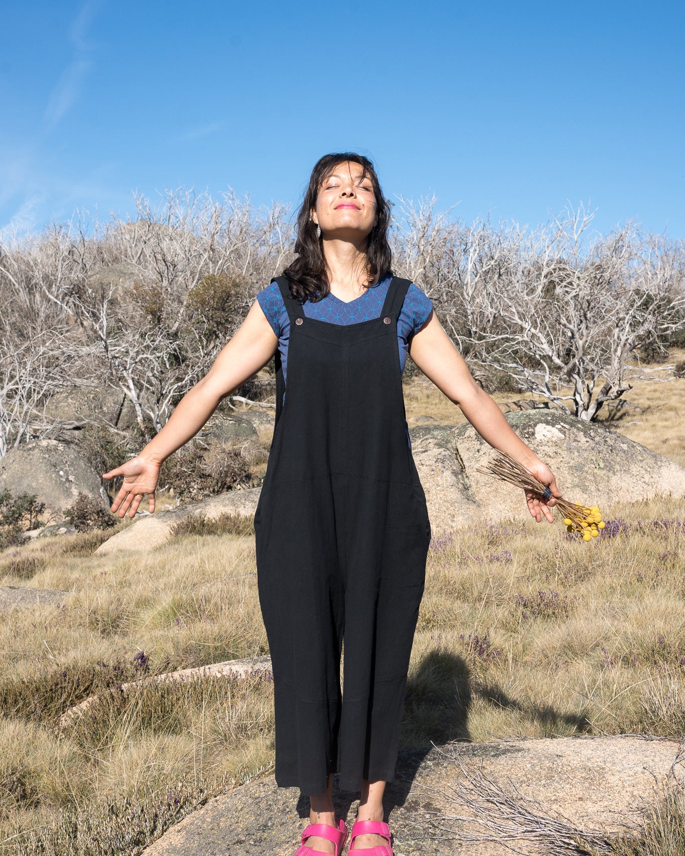Black overall Blue cap sleeve