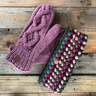 Knitted purple glove and multicolored textured headband 