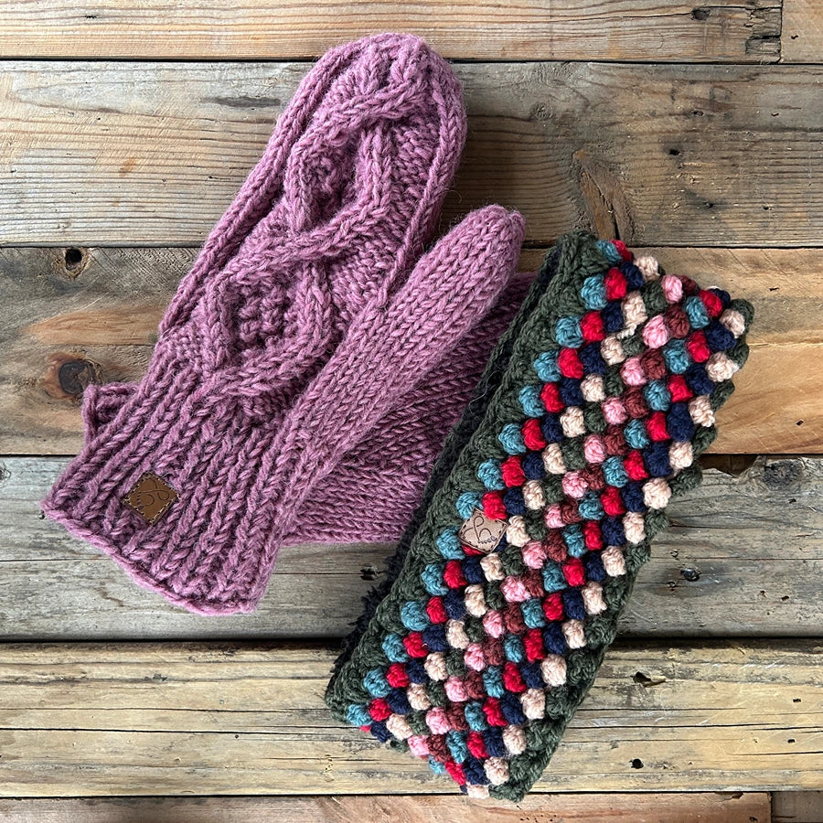 Knitted purple glove and multicolored textured headband 