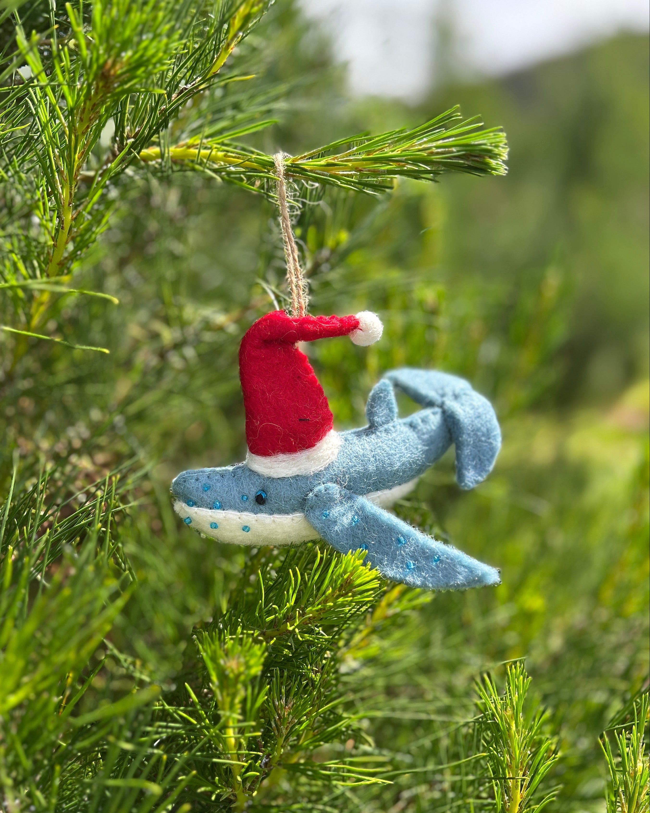 Decorative Whale ornament with a Santa hat hanging on a tree