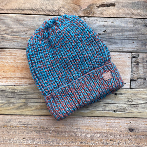 Rib Knit Merino Beanie - Turquoise and Clay