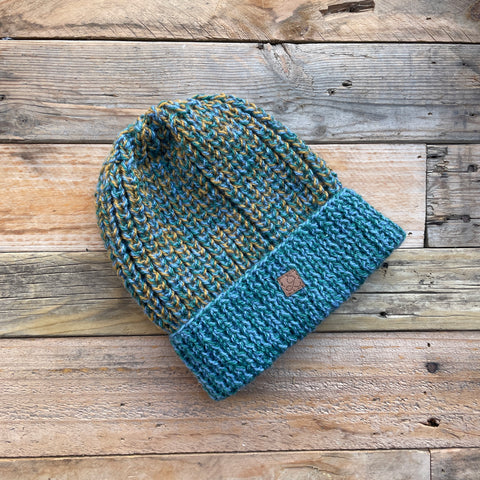 Rib Knit Merino Beanie - Turquoise and Tumeric