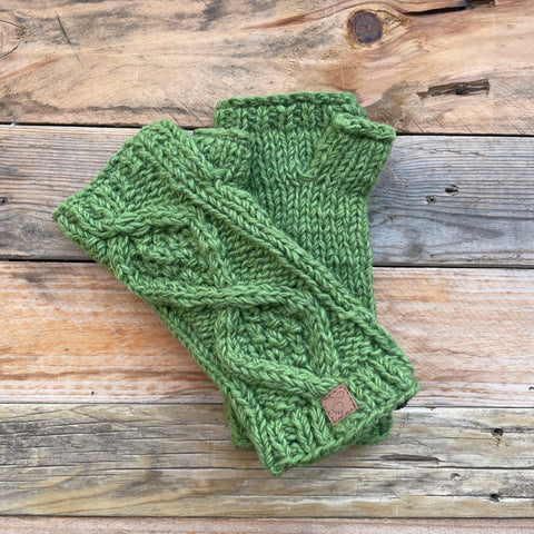 Cable Knit Wristwarmers - Olive Green