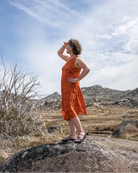 Woman in an orange dress standing on a rock in a desert landscape with mountains in the background.