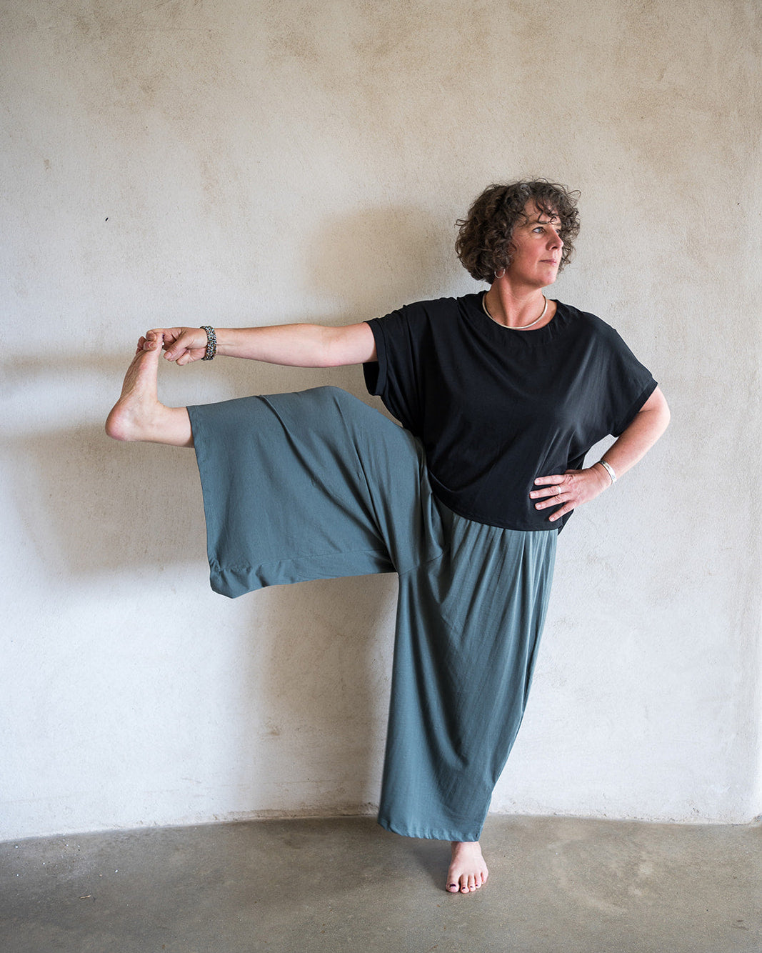 SkyGypsies-ZephyrPants-Silversage yoga pose